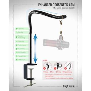 24-INCHS Flexible Gooseneck Microphone Stand with Heavy Duty Desk Clamp for Podcast, Meetings, Lectures, Radio Broadcasting Studio, Live Broadcast Equipment, TV Stations