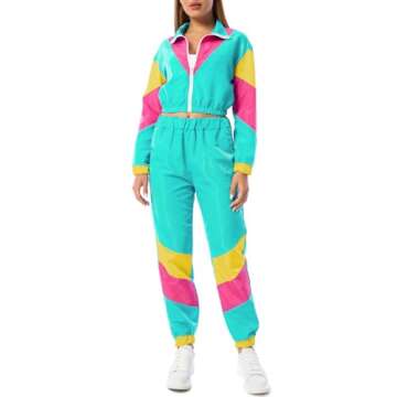 Yisfri Women's Vintage 80s 90s 2 Piece Neon Full Zip Tracksuit/Joggers Set (XX-Large, Cyan)
