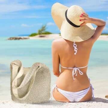 Otikwio Straw Beach Bag for Women Large Summer Woven Tote Bag Handmade Shoulder Bag Boho Rattan Handbag for Vacation Travel Holiday, Style1-beige