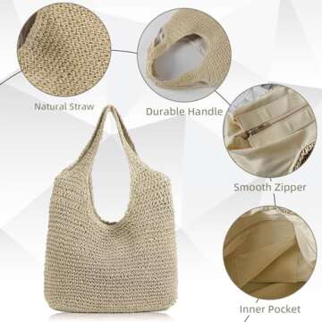Otikwio Straw Beach Bag for Women Large Summer Woven Tote Bag Handmade Shoulder Bag Boho Rattan Handbag for Vacation Travel Holiday, Style1-beige