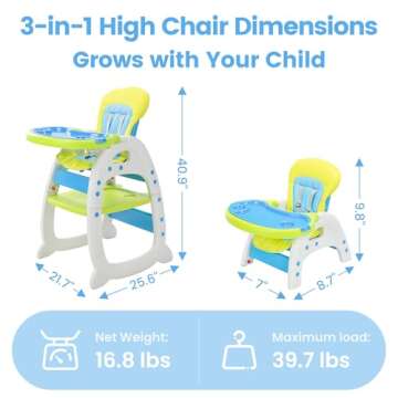 High Chairs Baby 3 in 1 Toddler Highchair,Table Booster Seat with 3-Position Adjustable Feeding Tray,Compact High Chair