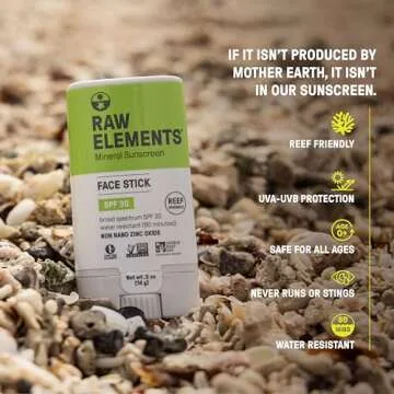 Raw Elements Face All-Natural Mineral Sunscreen Stick, Non-Nano Zinc Oxide, 95% Organic, Water-Resistant 80 Min, Reef Safe, All Ages Safe, SPF 30+, Travel Sunblock 0.5 oz
