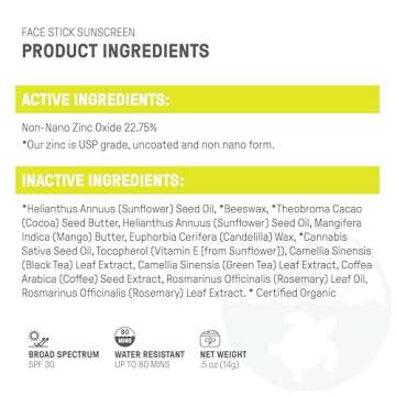 Raw Elements Face All-Natural Mineral Sunscreen Stick, Non-Nano Zinc Oxide, 95% Organic, Water-Resistant 80 Min, Reef Safe, All Ages Safe, SPF 30+, Travel Sunblock 0.5 oz
