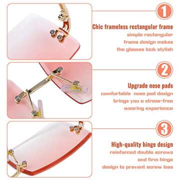 URATOT 4 Pack Rimless Rectangle Sunglasses Vintage Rimless Eyewear Retro Sunglasses Metal Frame Eyewear for Men Women (Gray,Tea,Pink,Blue-pink)