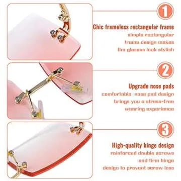 URATOT 4 Pack Rimless Rectangle Sunglasses Vintage Rimless Eyewear Retro Sunglasses Metal Frame Eyewear for Men Women (Gray,Tea,Pink,Blue-pink)