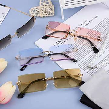 URATOT 4 Pack Rimless Rectangle Sunglasses Vintage Rimless Eyewear Retro Sunglasses Metal Frame Eyewear for Men Women (Gray,Tea,Pink,Blue-pink)