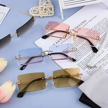URATOT 4 Pack Rimless Rectangle Sunglasses Vintage Rimless Eyewear Retro Sunglasses Metal Frame Eyewear for Men Women (Gray,Tea,Pink,Blue-pink)