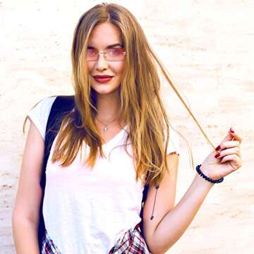 URATOT 4 Pack Rimless Rectangle Sunglasses Vintage Rimless Eyewear Retro Sunglasses Metal Frame Eyewear for Men Women (Gray,Tea,Pink,Blue-pink)