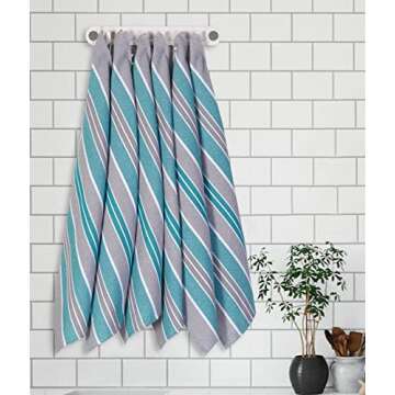 Honeycomb Stripe Kitchen Towel 18x28inch Teal/Mercury,100% Cotton, Quick Dry, Tea Towels, Bar Towels, Highly Absorbent,Cleaning Towels, Kitchen Tea Towels, Pure Cotton, Absorbent Dish Cloth Set of 6