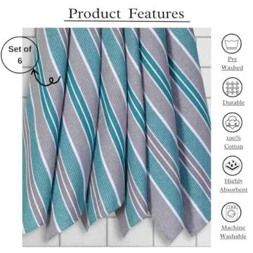 Honeycomb Stripe Kitchen Towel 18x28inch Teal/Mercury,100% Cotton, Quick Dry, Tea Towels, Bar Towels, Highly Absorbent,Cleaning Towels, Kitchen Tea Towels, Pure Cotton, Absorbent Dish Cloth Set of 6