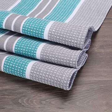 Honeycomb Stripe Kitchen Towel 18x28inch Teal/Mercury,100% Cotton, Quick Dry, Tea Towels, Bar Towels, Highly Absorbent,Cleaning Towels, Kitchen Tea Towels, Pure Cotton, Absorbent Dish Cloth Set of 6