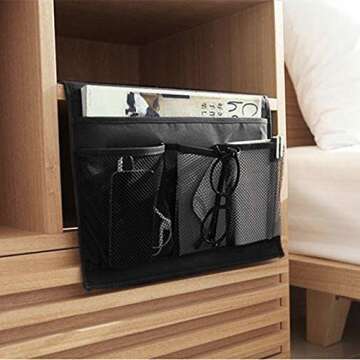 Meeall Bedside Caddy 4 Pockets Bedside Organizer Caddy Fit Tablet Magazine Phone Glasses, Under Mattress Remote Control Holder Storage Organizer, Black