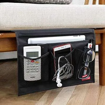 Meeall Bedside Caddy 4 Pockets Bedside Organizer Caddy Fit Tablet Magazine Phone Glasses, Under Mattress Remote Control Holder Storage Organizer, Black
