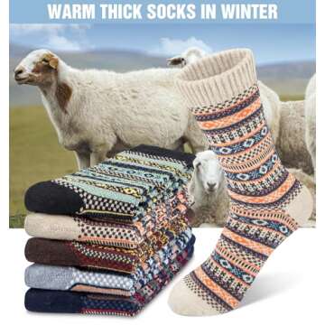 YSense 5 Pairs Mens Wool Socks Winter Warm Thick Socks Knit Causal Crew Socks for Men