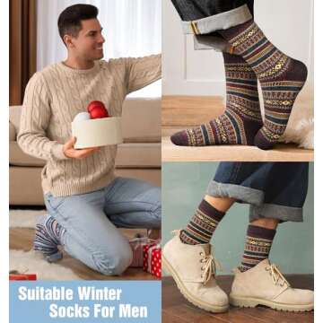 YSense 5 Pairs Mens Wool Socks Winter Warm Thick Socks Knit Causal Crew Socks for Men