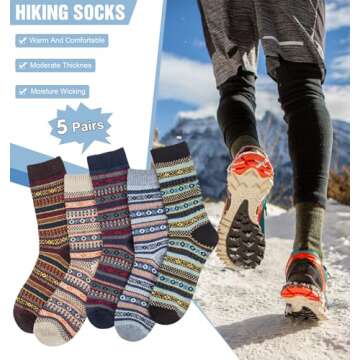 YSense 5 Pairs Mens Wool Socks Winter Warm Thick Socks Knit Causal Crew Socks for Men