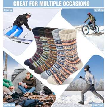 YSense 5 Pairs Mens Wool Socks Winter Warm Thick Socks Knit Causal Crew Socks for Men