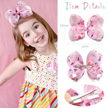 20 Colors 6Inch Large Big Hair Bows Grosgrain Ribbon Rainbow Alligator Clips Unicorn Hair Accessories For Baby Girls Toddlers Kids Children Teens Multi-colored