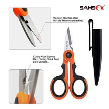 SAMSFX Fishing Heavy Duty Anti-Slip Serrated Edge Scissors Saltwater Freshwater Braid Scissors Braided Line Cutter with Plastic Belt Case Sheath Kit (Common Finger Hole)