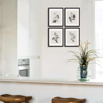 ArtbyHannah Framed Kitchen Wall Art, Grey Plant Rustic Wall Decor with Black Picture Frame Collage Set (4 Pack 11x14 inch)