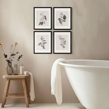 ArtbyHannah Framed Kitchen Wall Art, Grey Plant Rustic Wall Decor with Black Picture Frame Collage Set (4 Pack 11x14 inch)