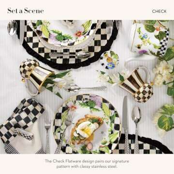 MACKENZIE-CHILDS 5-Piece Flatware Set, Cute Silverware Set with Salad Fork, Dinner Fork, Knife, Spoon, and Teaspoon, Check