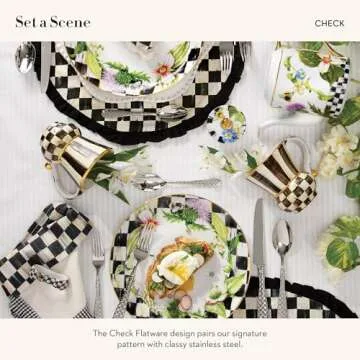 MACKENZIE-CHILDS 5-Piece Flatware Set, Cute Silverware Set with Salad Fork, Dinner Fork, Knife, Spoon, and Teaspoon, Check