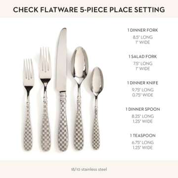 MACKENZIE-CHILDS 5-Piece Flatware Set, Cute Silverware Set with Salad Fork, Dinner Fork, Knife, Spoon, and Teaspoon, Check