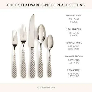 MACKENZIE-CHILDS 5-Piece Flatware Set, Cute Silverware Set with Salad Fork, Dinner Fork, Knife, Spoon, and Teaspoon, Check