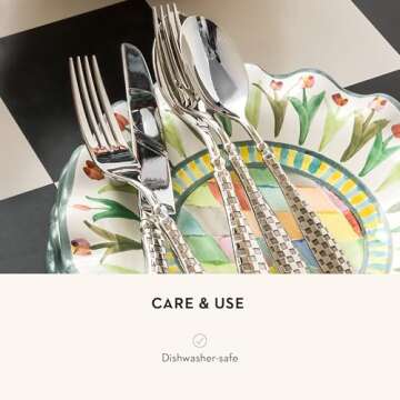 MACKENZIE-CHILDS 5-Piece Flatware Set, Cute Silverware Set with Salad Fork, Dinner Fork, Knife, Spoon, and Teaspoon, Check