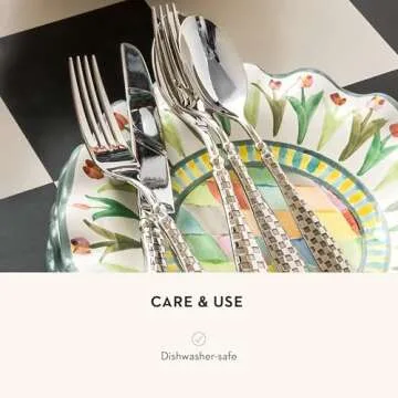 MACKENZIE-CHILDS 5-Piece Flatware Set, Cute Silverware Set with Salad Fork, Dinner Fork, Knife, Spoon, and Teaspoon, Check