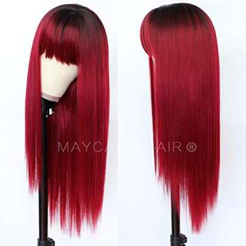 Maycaur Red Color Synthetic Hair Wigs with Full Bangs Black Red Ombre Color Long Straight Women's Wi...
