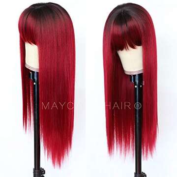 Maycaur Red Color Synthetic Hair Wigs with Full Bangs Black Red Ombre Color Long Straight Women's Wig Heat Resistant Synthetic No Lace Wigs for Fashion Women