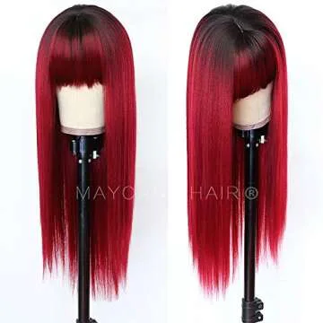 Maycaur Red Color Synthetic Hair Wigs with Full Bangs Black Red Ombre Color Long Straight Women's Wig Heat Resistant Synthetic No Lace Wigs for Fashion Women