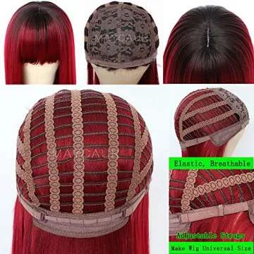 Maycaur Red Color Synthetic Hair Wigs with Full Bangs Black Red Ombre Color Long Straight Women's Wig Heat Resistant Synthetic No Lace Wigs for Fashion Women