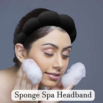 Spa Makeup Headband for Washing Face, Sponge Skincare Face Wash headbands for Women Girls - Bubble Soft Terry Towel Cloth Hair Band for Skincare Makeup Removal, Puffy Non Slip Thick Headwear(Black)