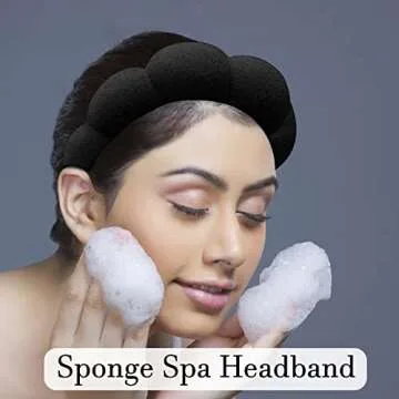 Spa Makeup Headband for Washing Face, Sponge Skincare Face Wash headbands for Women Girls - Bubble Soft Terry Towel Cloth Hair Band for Skincare Makeup Removal, Puffy Non Slip Thick Headwear(Black)