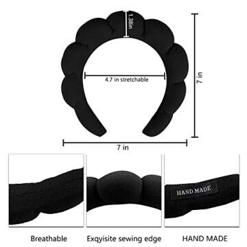 Spa Makeup Headband for Washing Face, Sponge Skincare Face Wash headbands for Women Girls - Bubble Soft Terry Towel Cloth Hair Band for Skincare Makeup Removal, Puffy Non Slip Thick Headwear(Black)