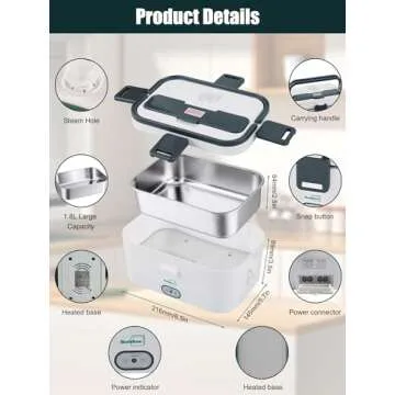 Buddew Electric Lunch Box 80W Food Heater 1.8L Large Capacity Heated Lunch Box 3 in 1 12V/24V/110V Portable Lunch Warmer for Car/Truck/Home/Office with Carry Bag and Fork and Spoon (Gray)