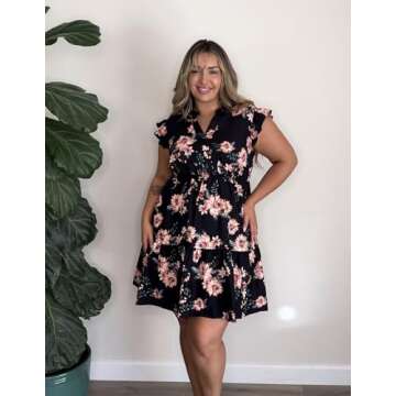 IN'VOLAND Women Plus Size Summer Dresses for Women Beach Floral Short Ruffle Sleeve Dress with Pockets