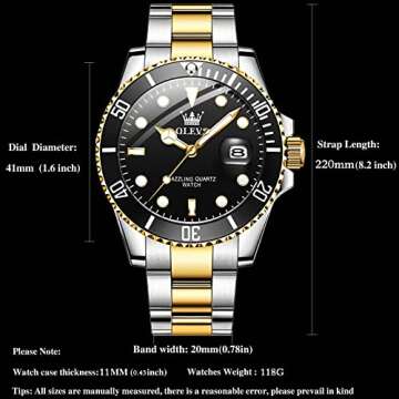 OLEVS Watches for Men Black Mens Dress Watch Analog Quartz Fashion Gold and Silver Stainless Steel Large Mens Watches Waterproof Two Tone Hand Watch Elegant Luxury Watches for Men Relojes Para Hombres