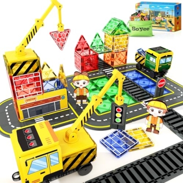 SOYEE Magnetic Tiles Construction Set with 2 Cranes – Fun Educational Building Toys for Ages 3-10