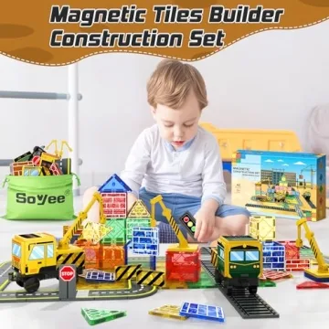 SOYEE Magnetic Tiles Construction Kit with 2 Cranes for Kids
