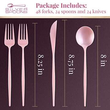 SILVER SPOONS Sleek Design Disposable Flatware Set for Baby Shower (96 PC) Plastic Silverware Set for 24-24 Plastic Spoons, 24 Knives, 48 Forks - Heavy Duty Disposable Cutlery Set Collection - Blush
