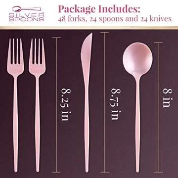SILVER SPOONS Sleek Design Disposable Flatware Set for Baby Shower (96 PC) Plastic Silverware Set for 24-24 Plastic Spoons, 24 Knives, 48 Forks - Heavy Duty Disposable Cutlery Set Collection - Blush