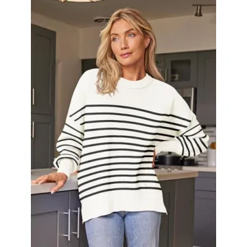 EFAN Women's Oversized Sweaters 2024 Fall Trendy Crewneck Batwing Sleeve Chunky Knit Long Pullover Cute Tunic Tops Dress Winter Clothes Cashmere Fashion Outfits Ladies Clothing Stripes White XL