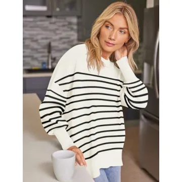 EFAN Women's Oversized Sweaters 2024 Fall Trendy Crewneck Batwing Sleeve Chunky Knit Long Pullover Cute Tunic Tops Dress Winter Clothes Cashmere Fashion Outfits Ladies Clothing Stripes White XL
