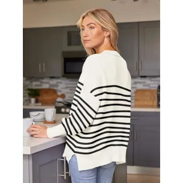 EFAN Women's Oversized Sweaters 2024 Fall Trendy Crewneck Batwing Sleeve Chunky Knit Long Pullover Cute Tunic Tops Dress Winter Clothes Cashmere Fashion Outfits Ladies Clothing Stripes White XL