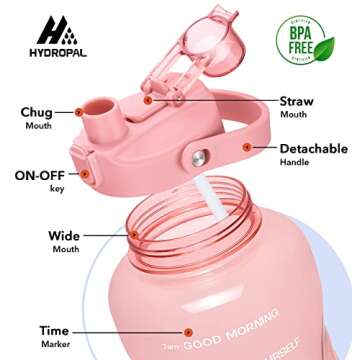 HydroPal 1 Gallon Water Bottles with Straw, 128 oz / 3.8L Water Bottle BPA Free Innovative 2-IN-1 Lid Gym Bottle with Times to Drink Motivational, Large for Sports Fitness Camping Water Jug One Gallon