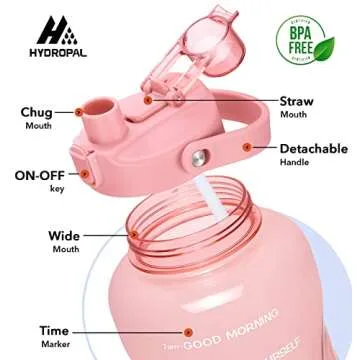 HydroPal 1 Gallon Water Bottles with Straw, 128 oz / 3.8L Water Bottle BPA Free Innovative 2-IN-1 Lid Gym Bottle with Times to Drink Motivational, Large for Sports Fitness Camping Water Jug One Gallon